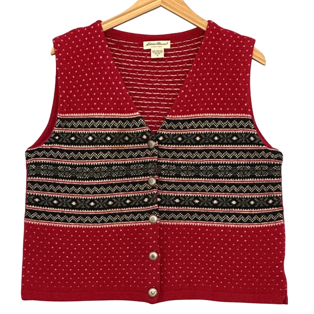 VTG‎ Eddie Bauer Womens Vest PM Petite Red Lambswool Fair Isle Classic Preppy